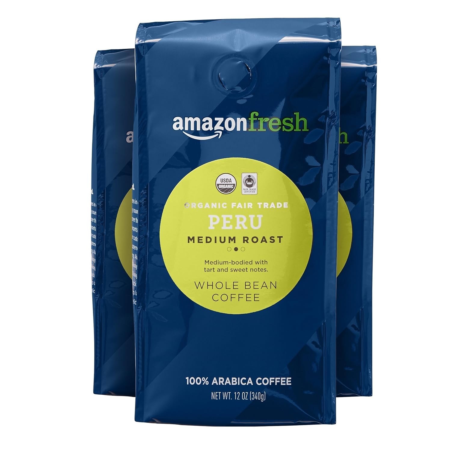 Organic Fair Trade Peru Whole Bean Coffee, Medium Roast – 12oz Pack of 3