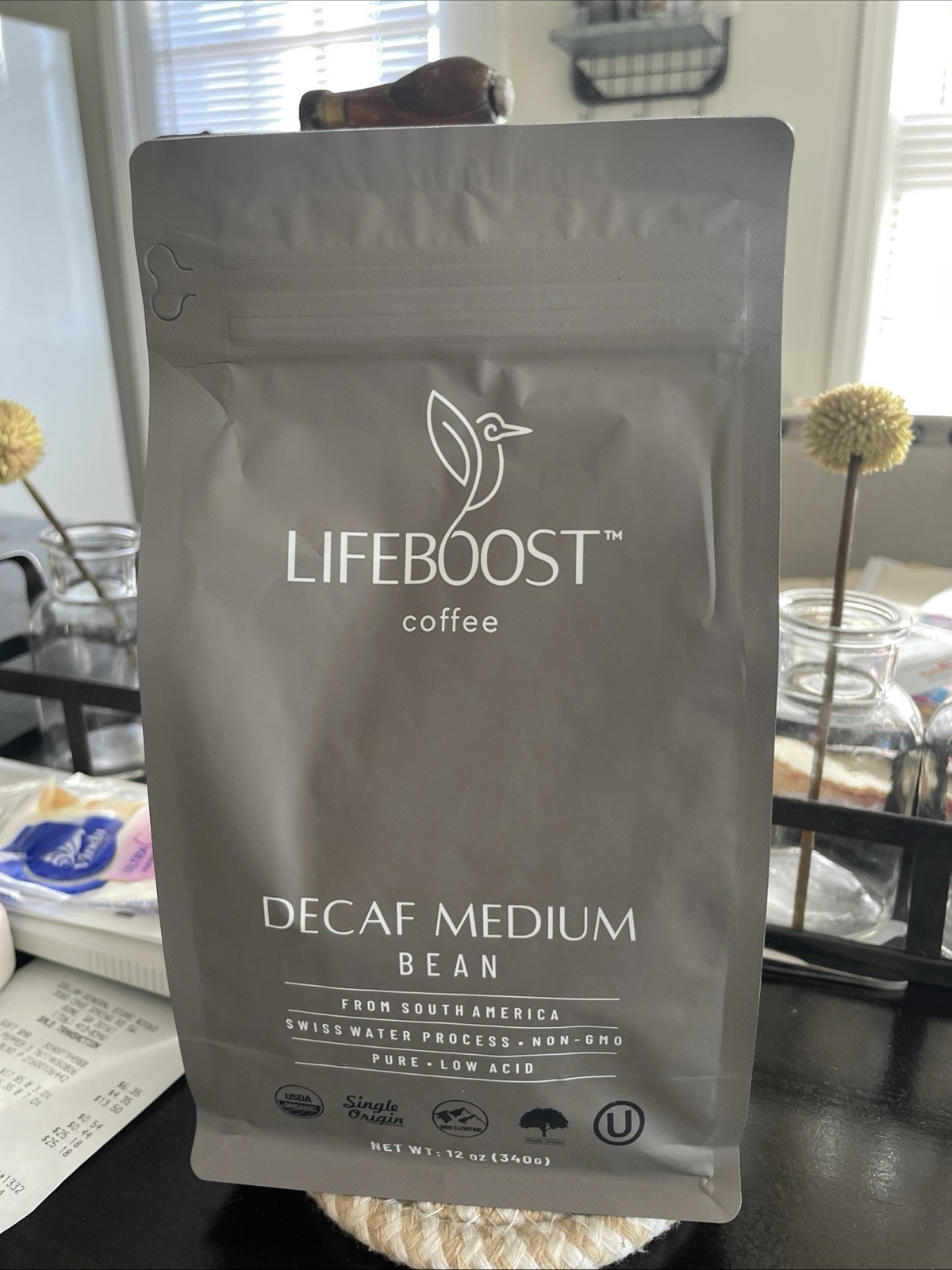 Life Boost Decaf Medium Roast Coffee Beans Organic Low Acid Swiss Water 12oz