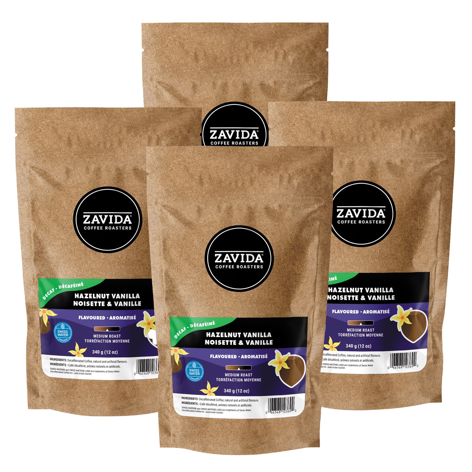 Zavida Decaf Hazelnut Vanilla Whole Bean Coffee, 4 x 340 g 