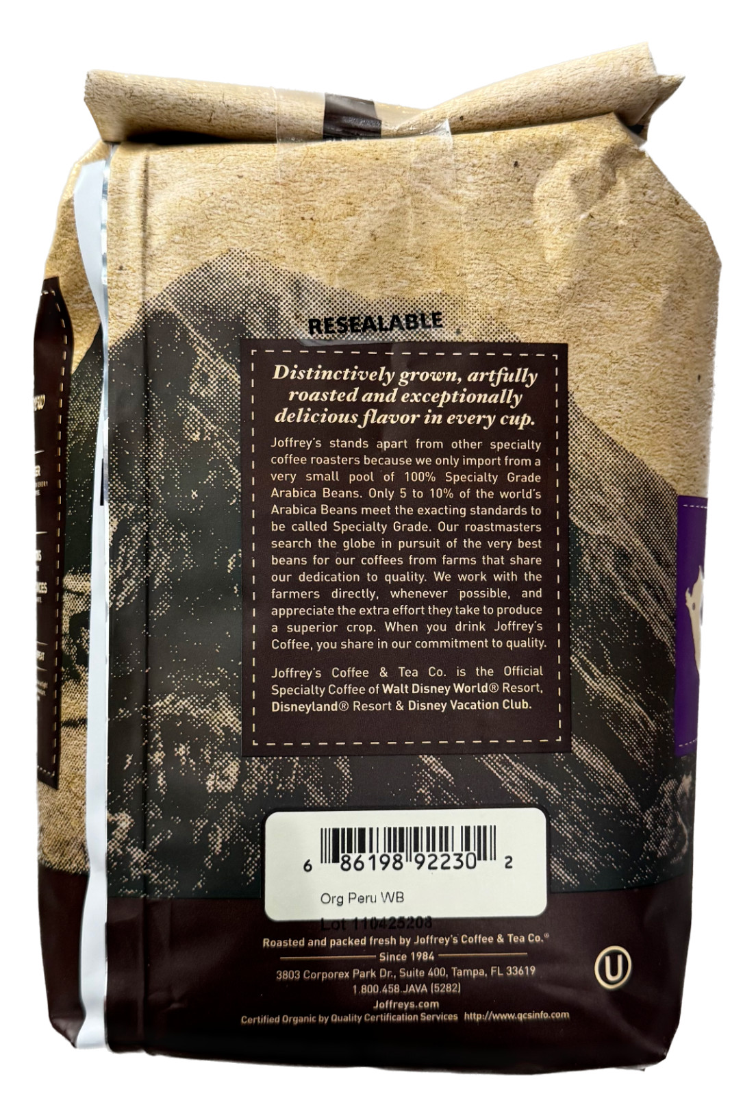 32oz Joffrey’s Peru Cajamarca Organic Medium Roast Whole Bean Coffee 32oz 2lb