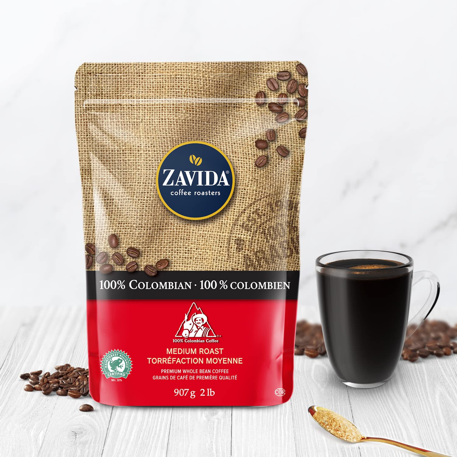 Zavida Coffee 100% Colombian Whole Bean 907 Grams 2 Pounds