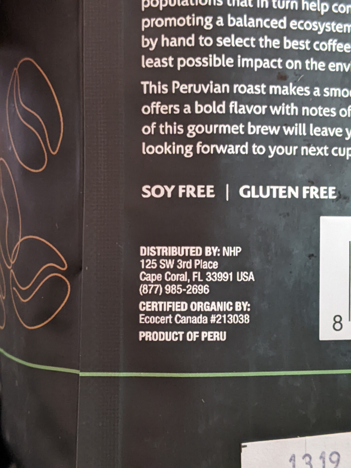 Solspring Organic Peruvian Dark Roast Coffee, 16 oz Decaf Whole Bean Qty 12