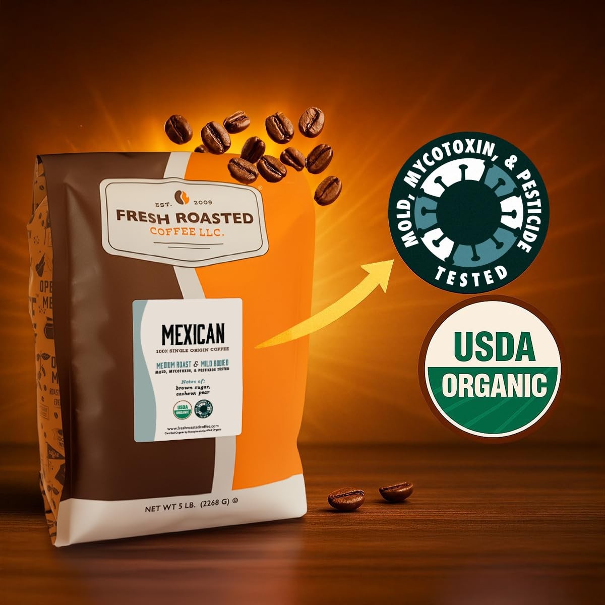 Organic Mexican, 5 lb (80 oz), Medium Roast, Mold & Mycotoxin Tested, Kosher, Wh
