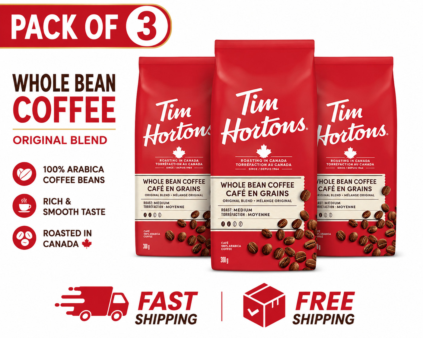 Tim Hortons Medium Roast Coffee Beans Whole Bean 12oz Organic Arabica 3 Pack