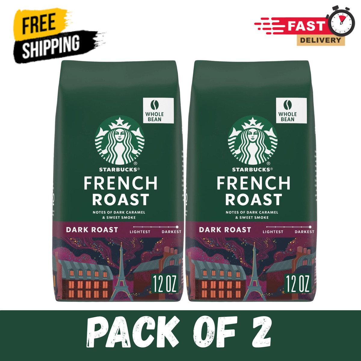 2 Starbucks French Roast, Whole Coffee Beans,Dark Roast Hot or Iced Coffee,12 oz