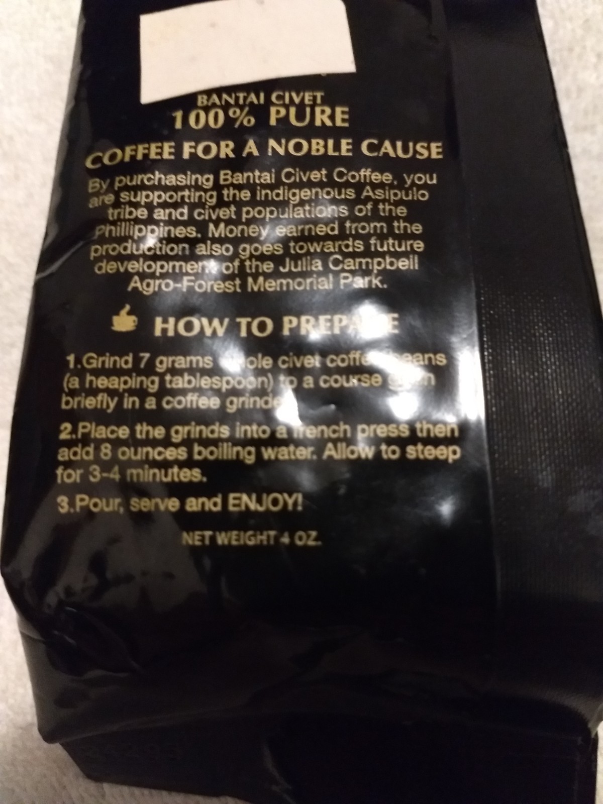 4 Oz. Bag of Bantai Civet Coffee, Whole Bean, Date Unknown
