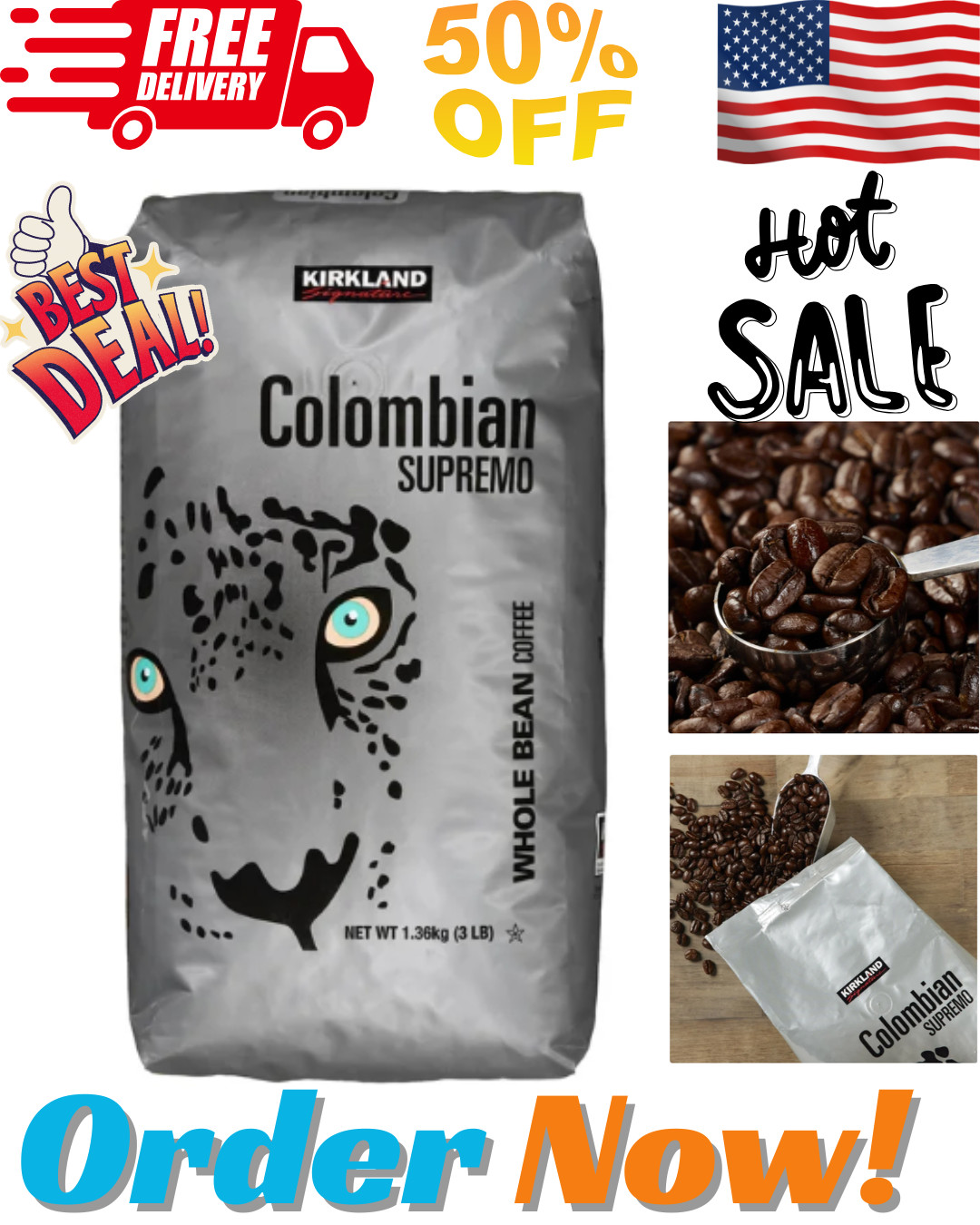Kirkland Signature Colombian Supremo Coffee, Whole Bean, 3 lbs