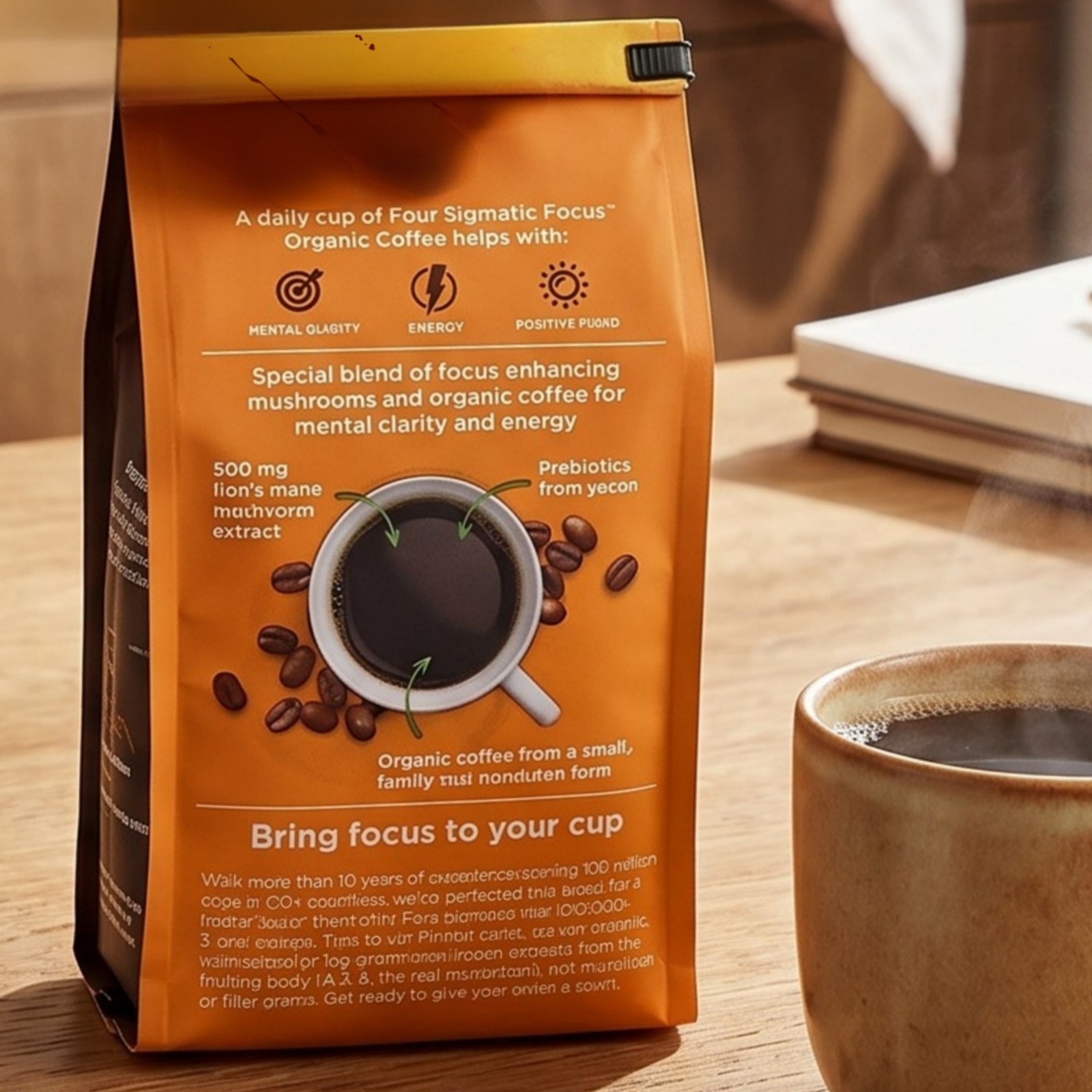 Four Sigmatic Focus Mushroom Whole Bean Coffee, Dark Roast 10oz