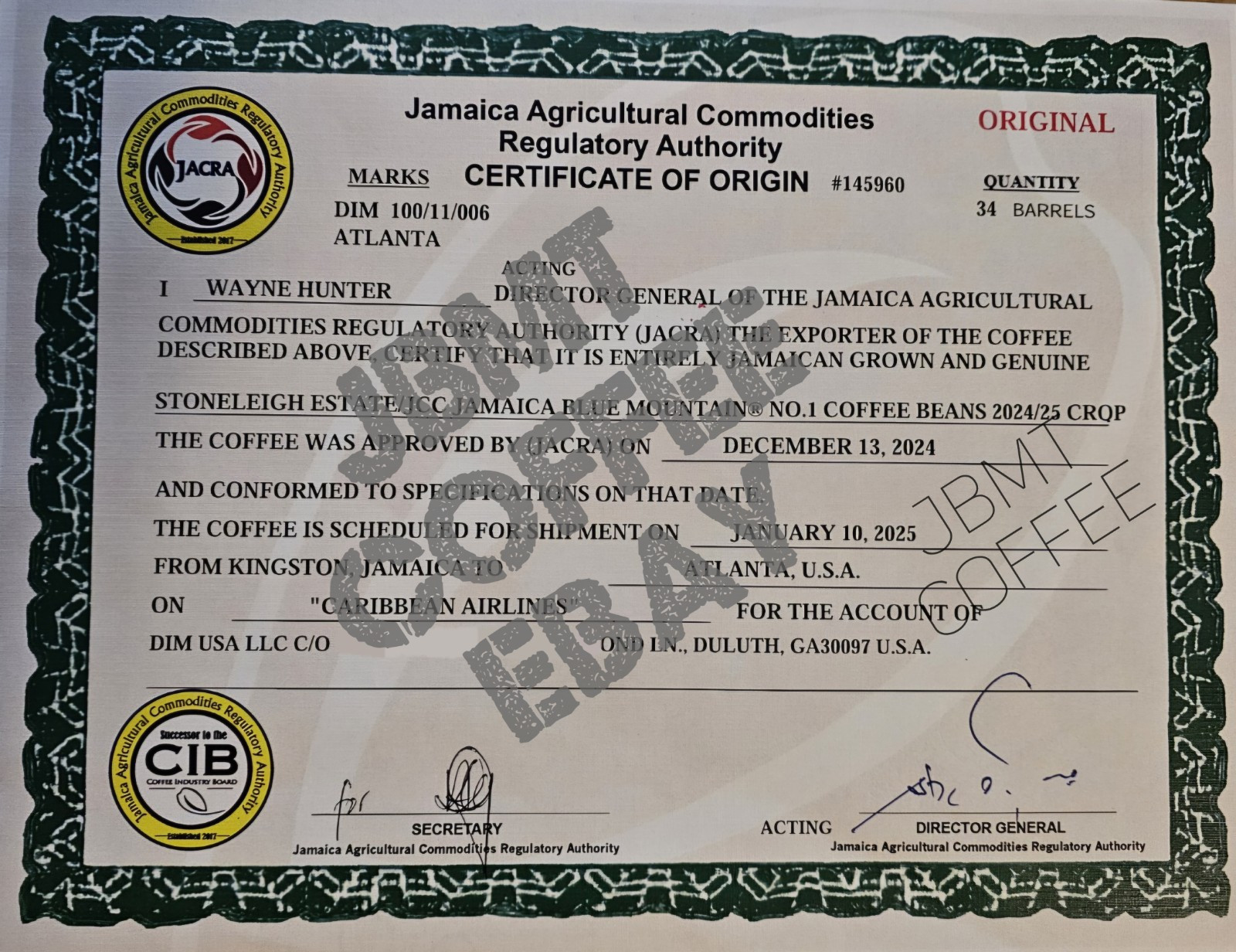 Jamaica Blue Mountain Coffee Green Bean Certified 100% Only Grade One. 1LB