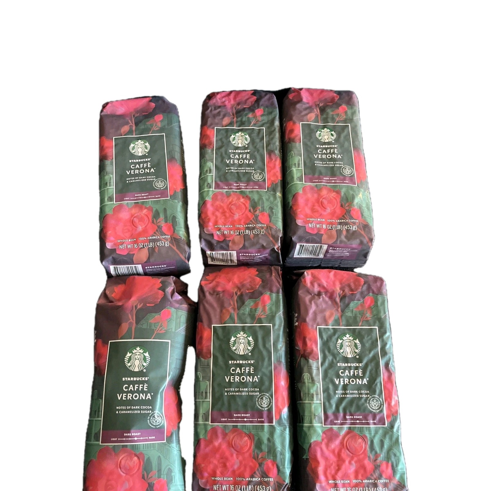 Lot of 6 Starbucks Caffe Verona Whole Bean Dark Roast 1LB/bag