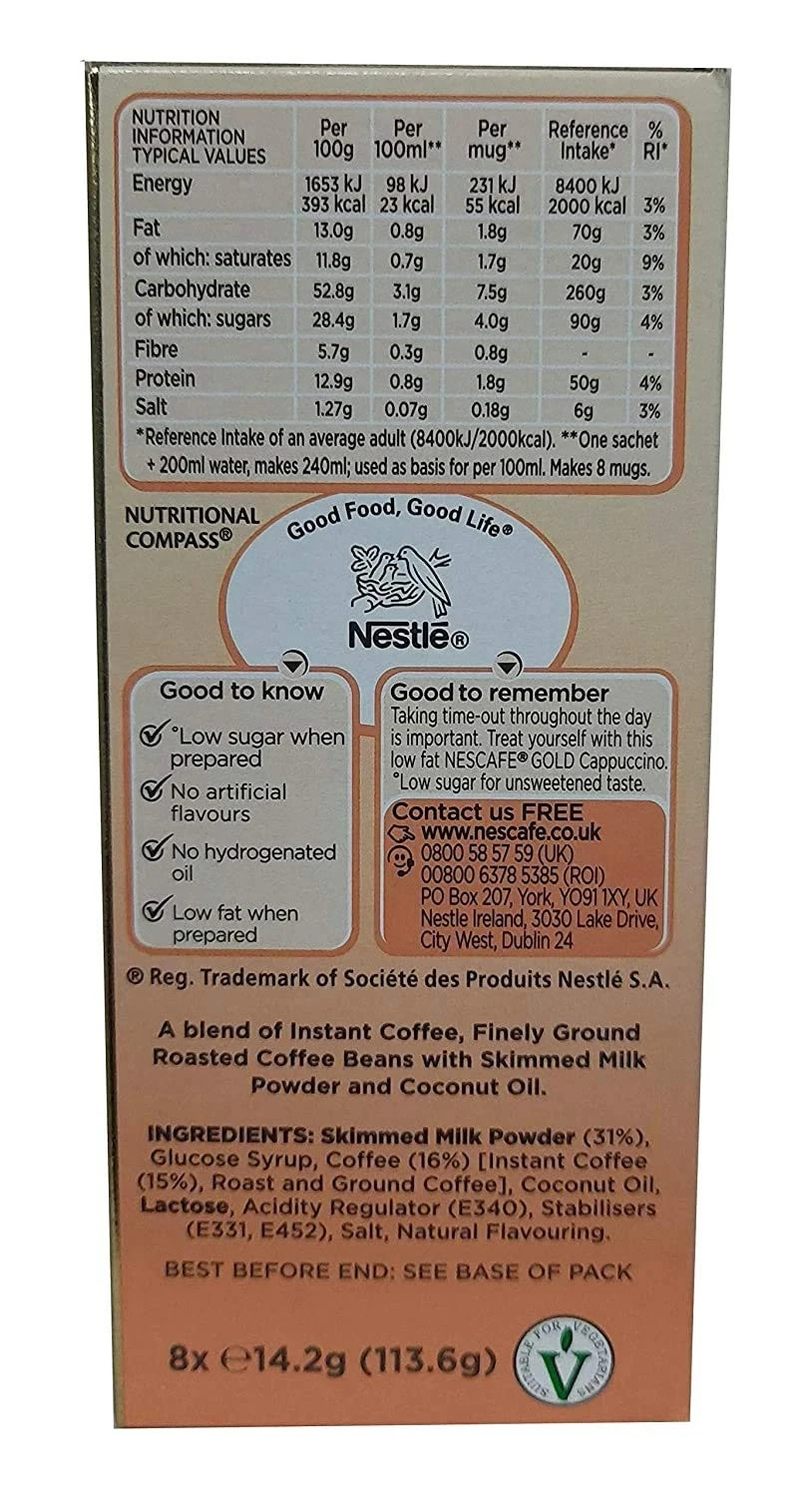 Nescafe Gold Cappuccino Unsweetened Taste Sachet Powder 113.6g-FREE SHIPPING