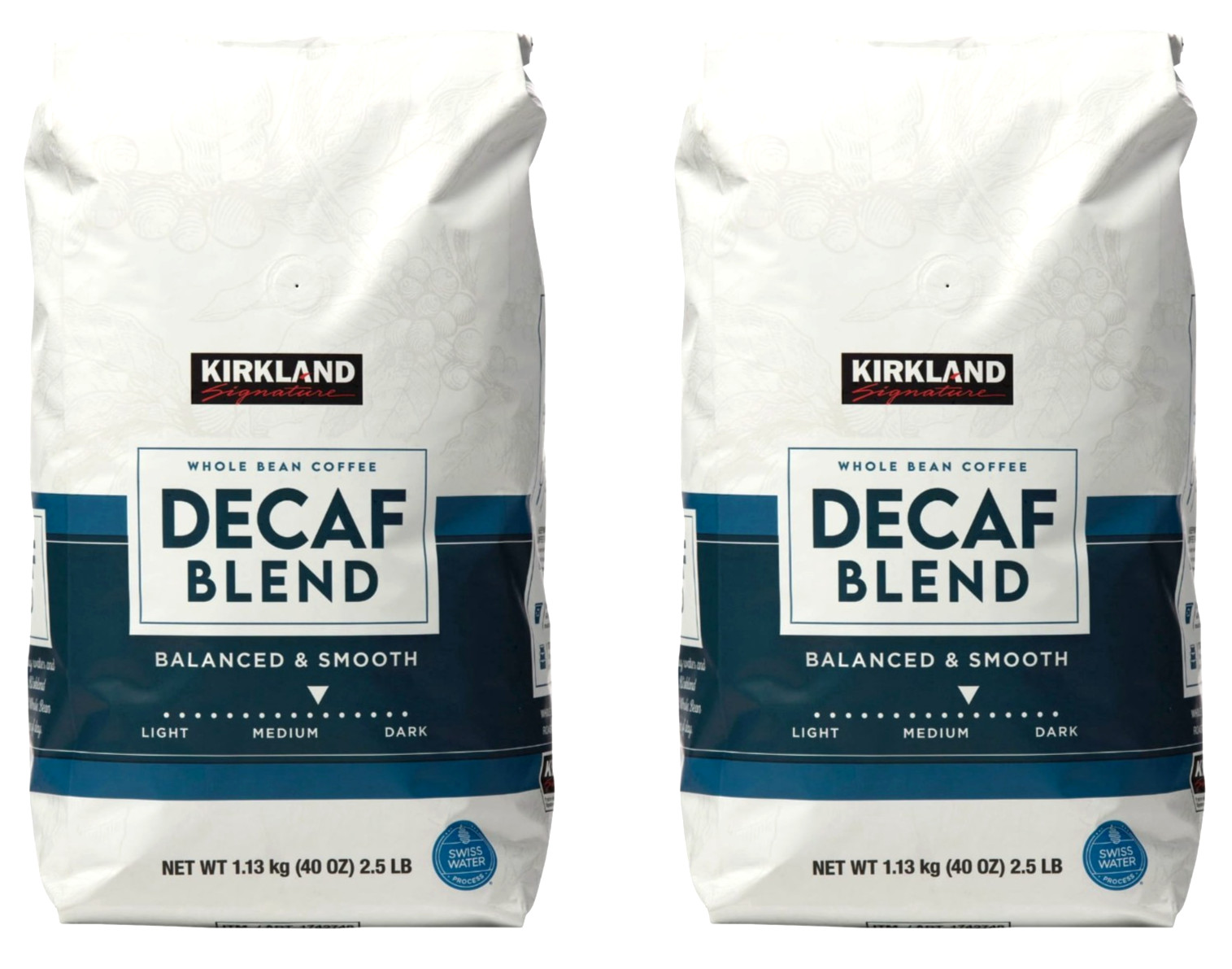 2 Packs Kirkland Signature Decaf Blend Whole Bean Coffee 40 oz Each = 5 LBS