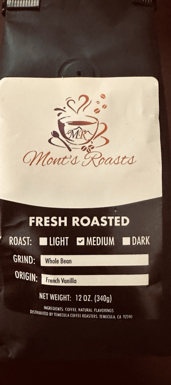 Mont’s Roasts Medium Roast French Vanilla Whole Bean Coffee 12 oz (340 g)