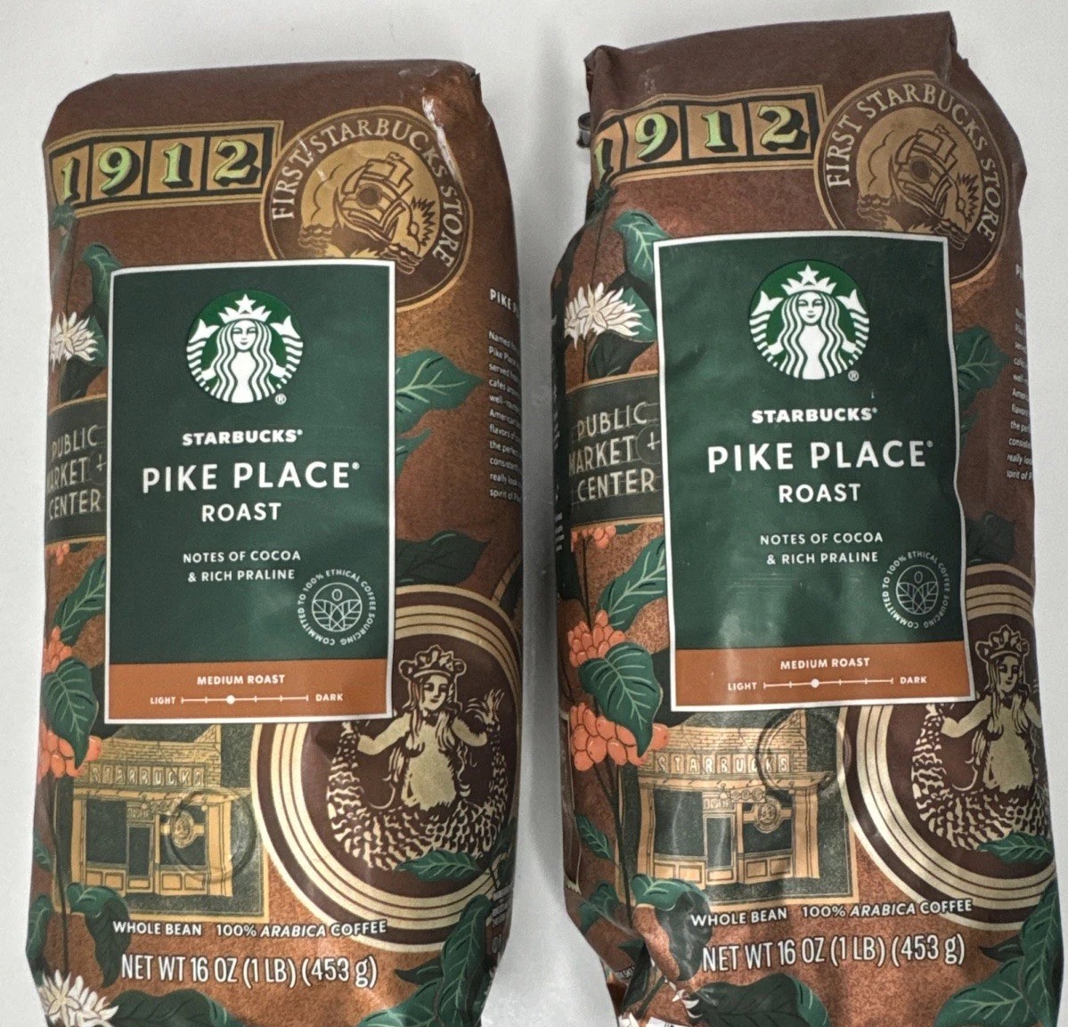 Starbucks Pike Place Roast Whole Bean Coffee 1LB 2 Lot BB 09/03/26