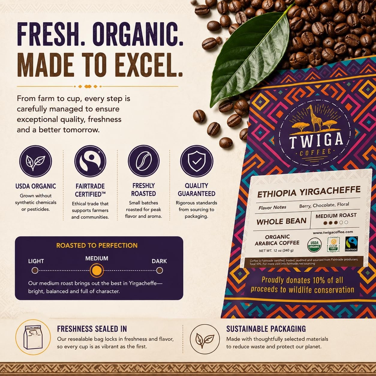 Twiga Ethiopia Yirgacheffe Whole Bean Coffee Organic Fairtrade 12 oz Medium
