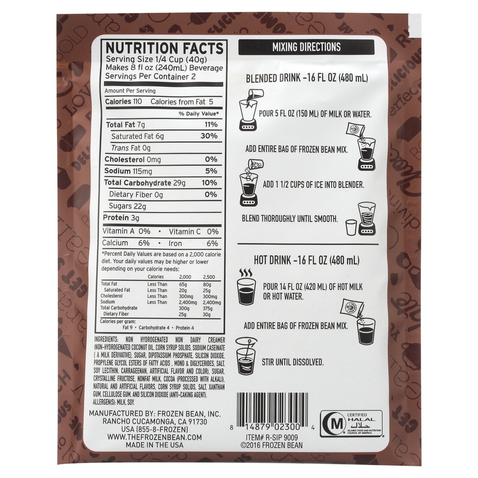 The Frozen Bean Frozen Hot Chocolate Frappe Mix, (12-pack) 2.8 oz Bags