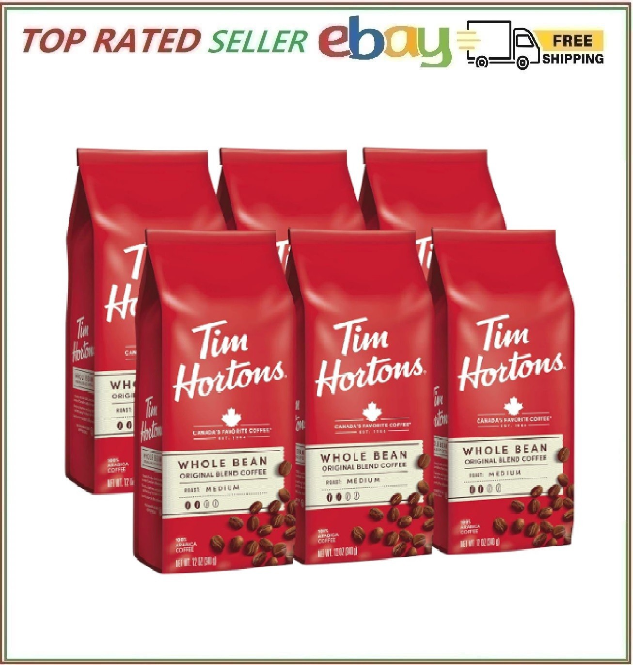Tim Hortons Original Medium Roast Whole Bean Coffee 12oz 6-Pack