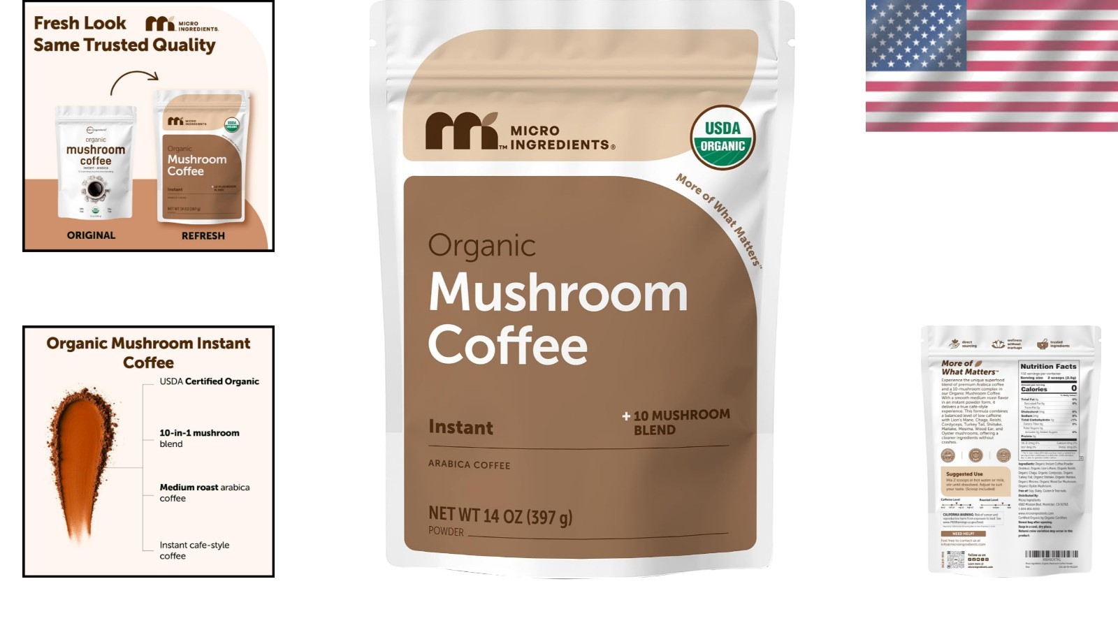 Instant Organic Mushroom Coffee, 14 oz | Gluten & Dairy-Free Antioxidant Boost