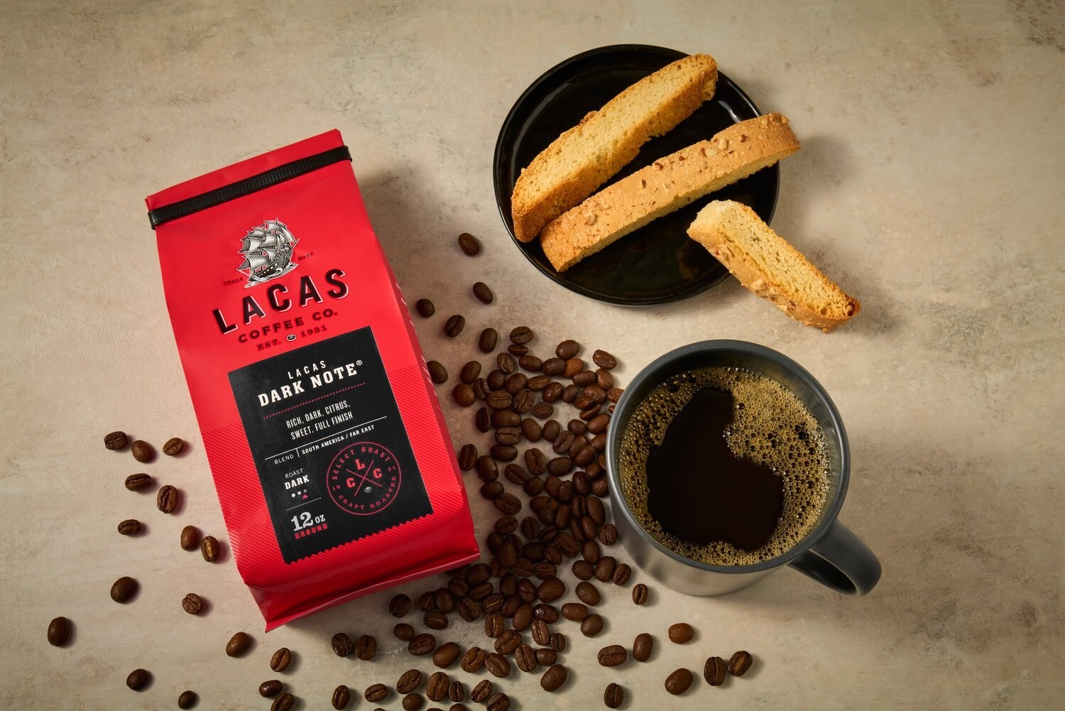 Lacas Dark Note, Medium Fine Ground Coffee, 2-Pack, 12oz Each