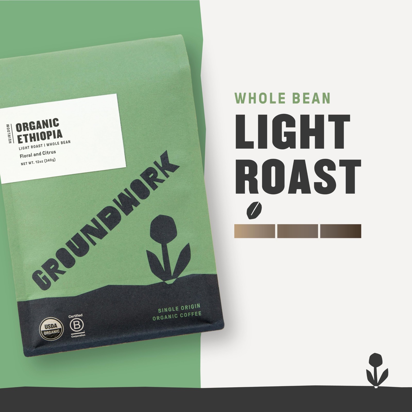 GROUNDWORK Ethiopia Heirloom Blend – Whole Bean 12 Ounce (Pack of 1), Black