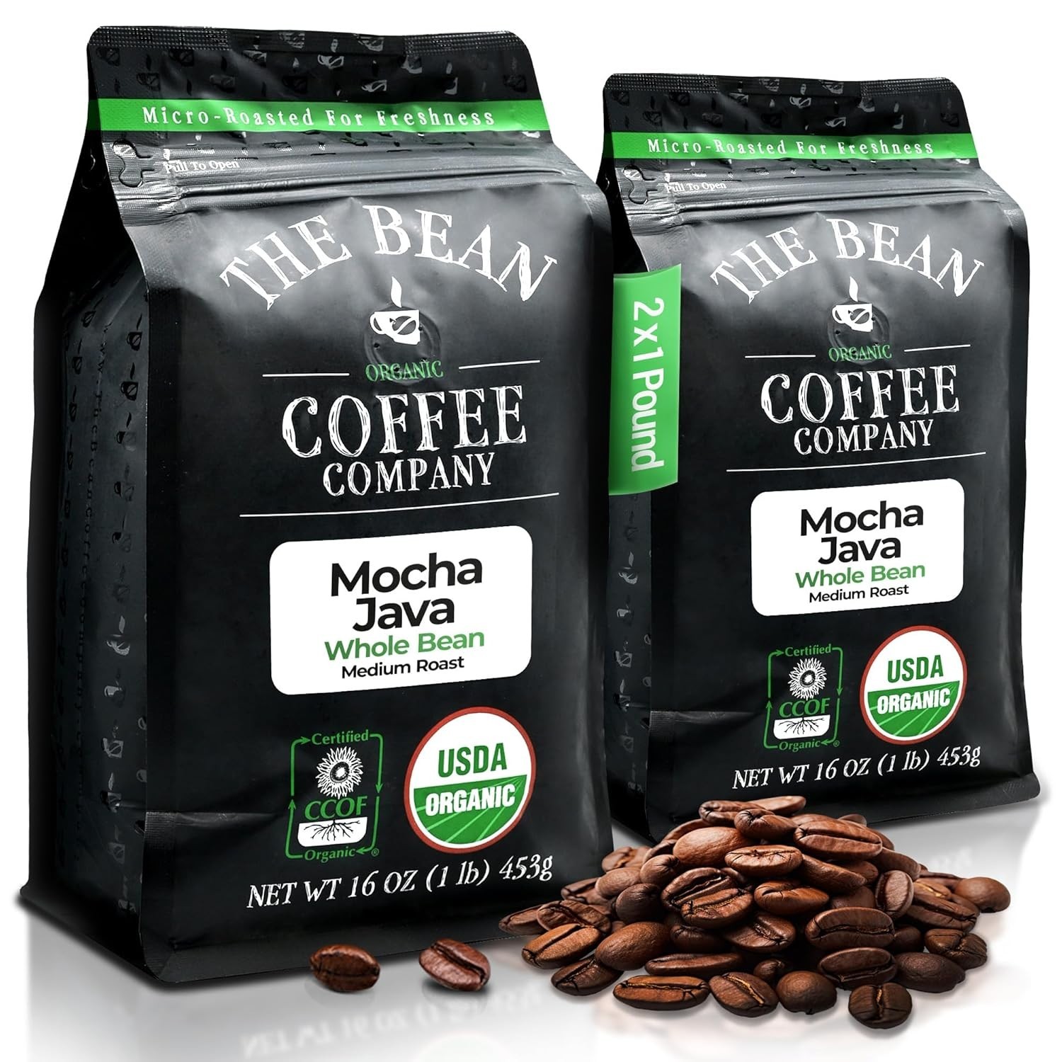 Sustainable Organic Mocha Java Medium Roast Whole Bean Coffee (2 Bags)