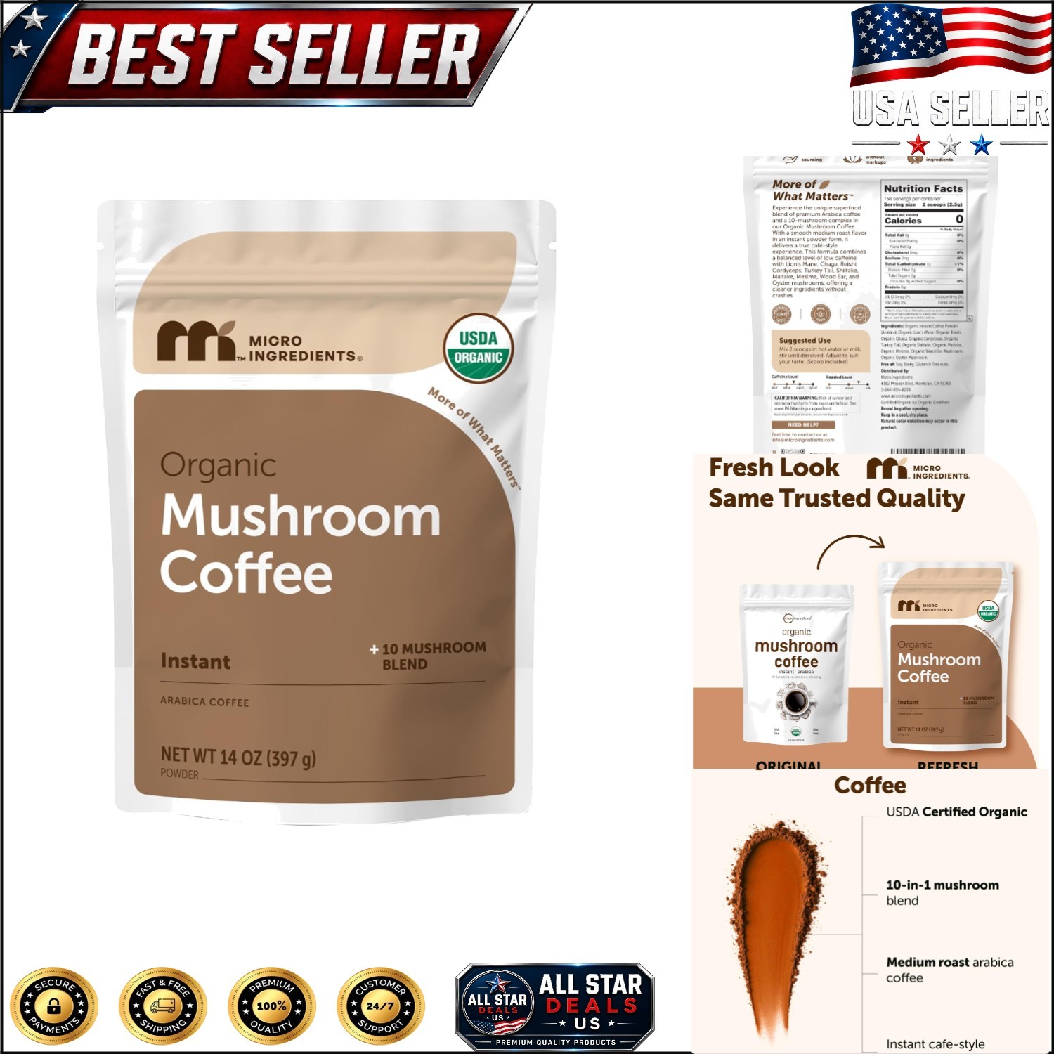 14 oz Certified Organic Instant Mushroom Coffee with Lion’s Mane & Reishi Blend