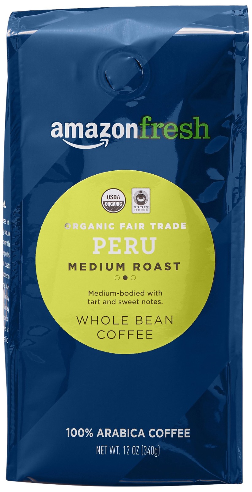 , Organic Fair Trade Peru Whole Bean Coffee, Medium Roast, 12 Oz