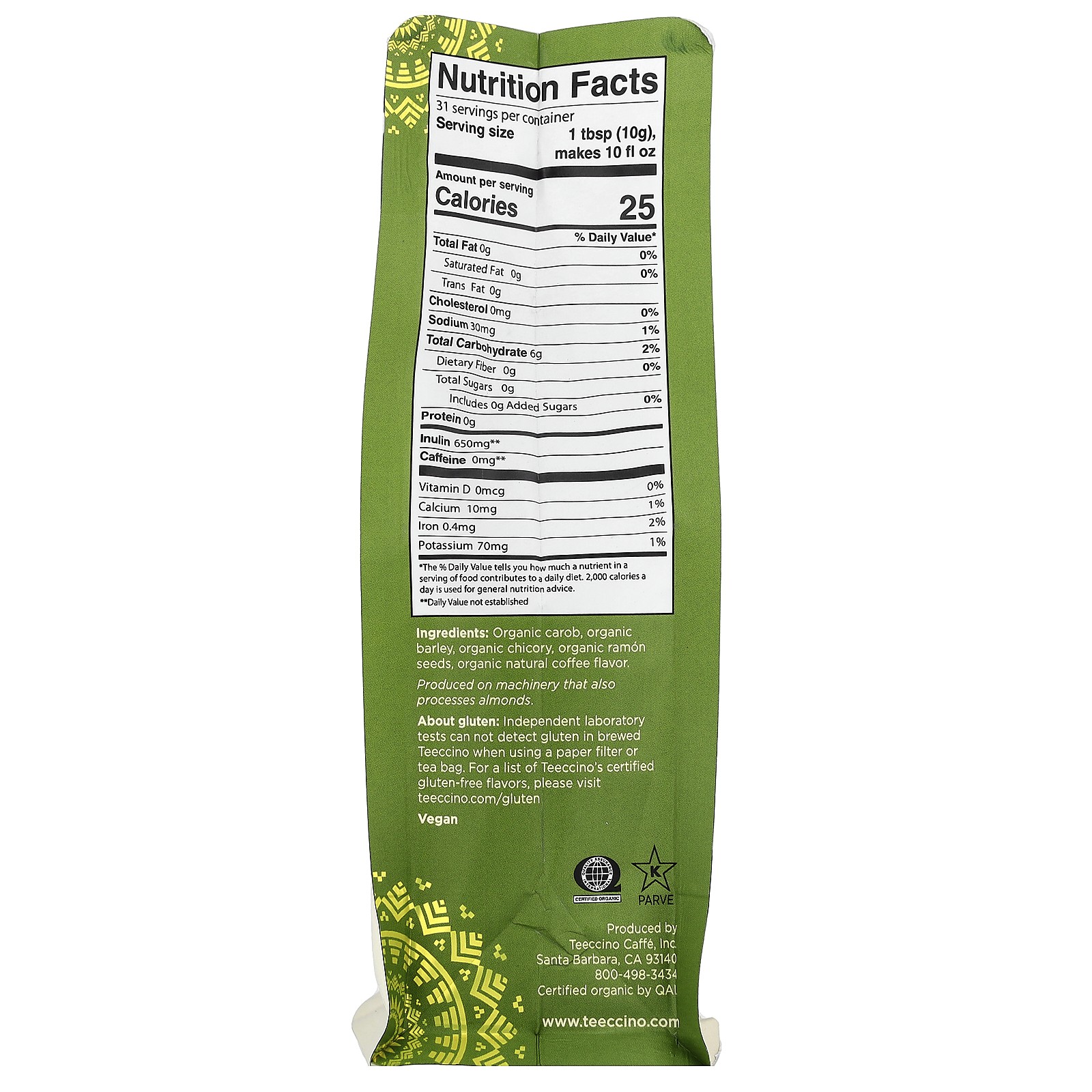 Organic Chicory Herbal Coffee, French Roast, Dark Roast, Caffeine Free, 11 oz