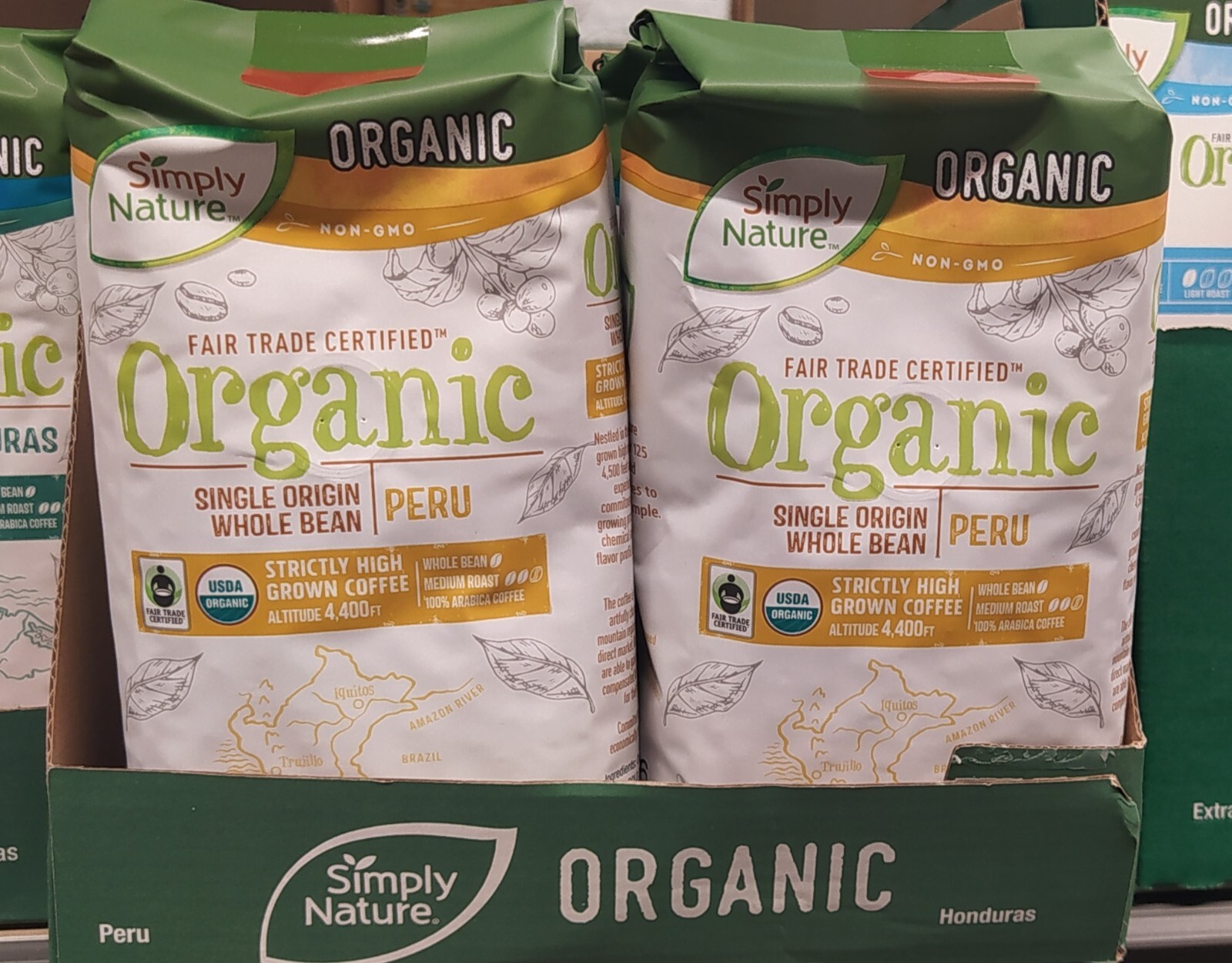 2 Bags Simply Nature Single Origin Whole Bean PERU COFFEE 12 OZ (340G) USDA