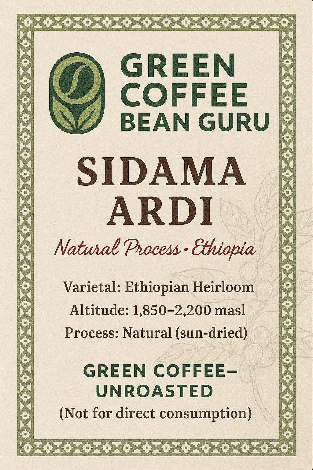 5 LB Sidama Ardi Ethiopian Green Coffee Beans | Natural Process | Unroasted