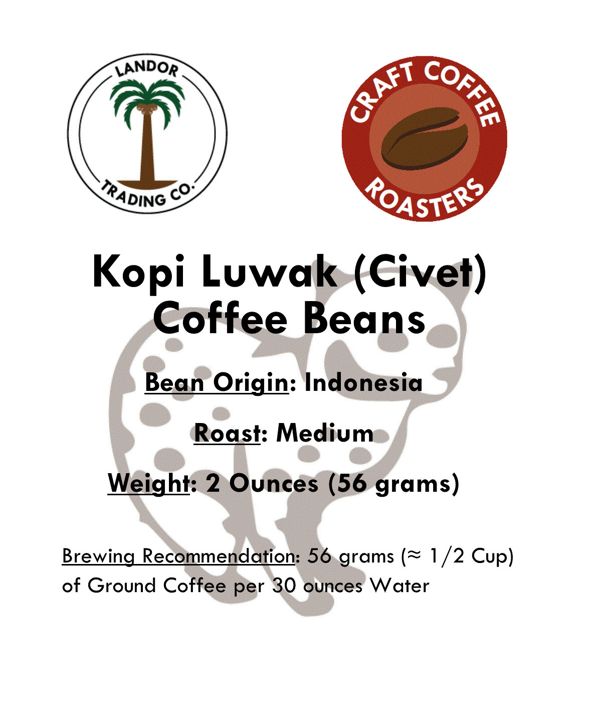 Kopi Luwak Coffee 2 Oz (56 grams) – Whole Bean – Medium Roast – 100% Pure