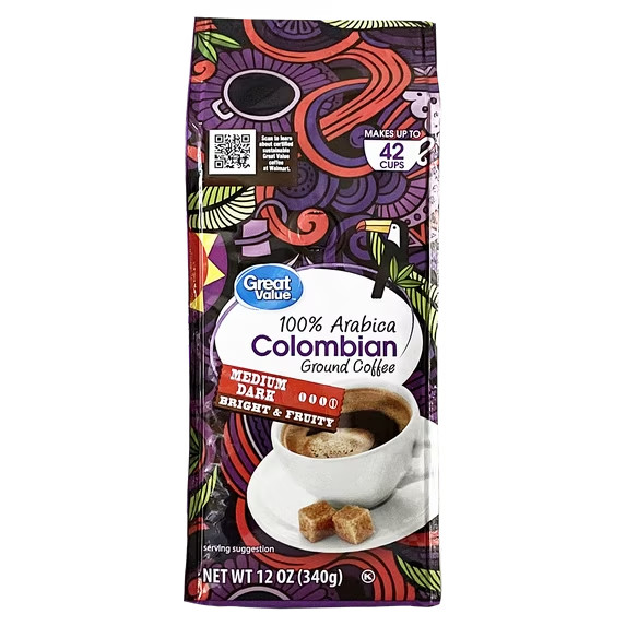 Great Value 100% Arabica Colombian Medium-Dark Roast Ground Coffee, 12 oz, Bag