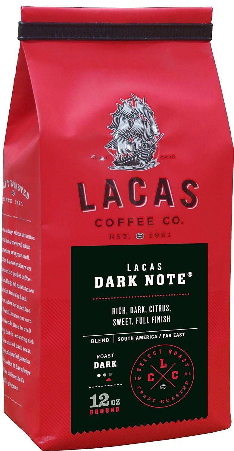 Lacas Dark Note, Medium Fine Ground Coffee, 12oz Bag