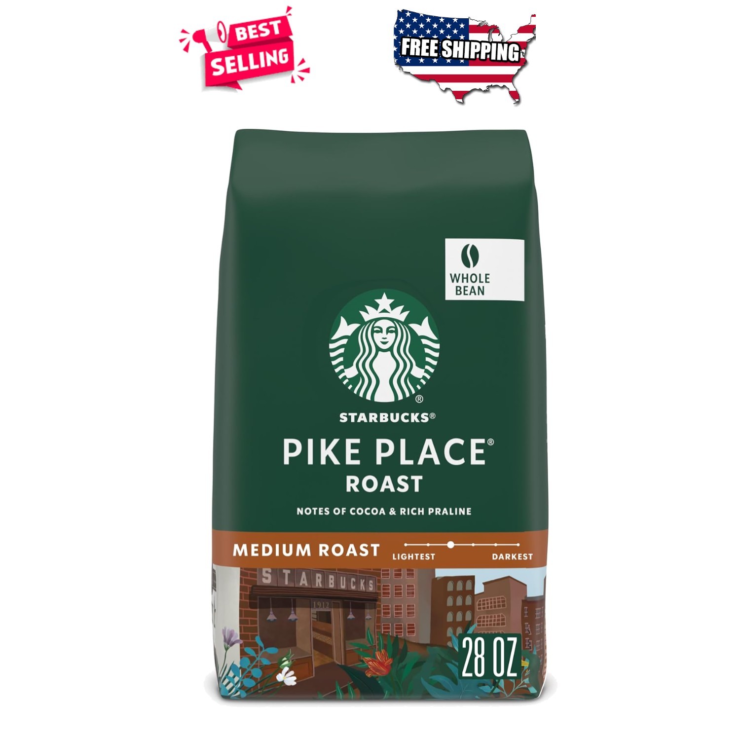Medium Roast Coffee Beans 28oz Pike Place Whole Bean Arabica Hot Iced Brewing