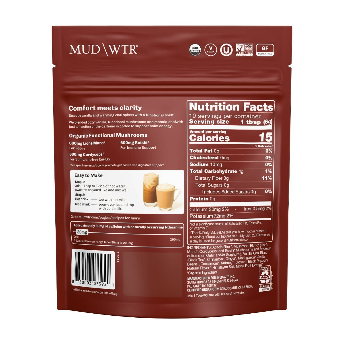 MUDWTR Organic Vanilla Chai Mushroom Coffee Alternative – 2.1oz
