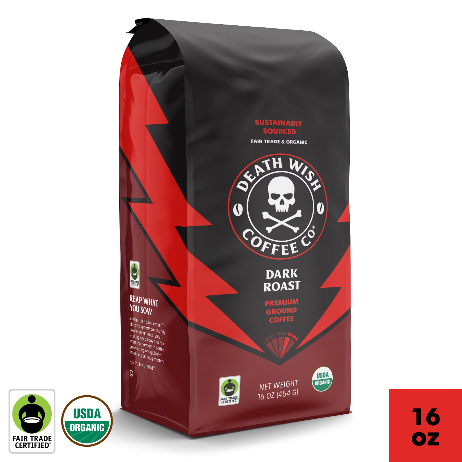 Death Wish Coffee Dark Roast Ground 16 oz Organic Fair Trade Strong Bold New Bag