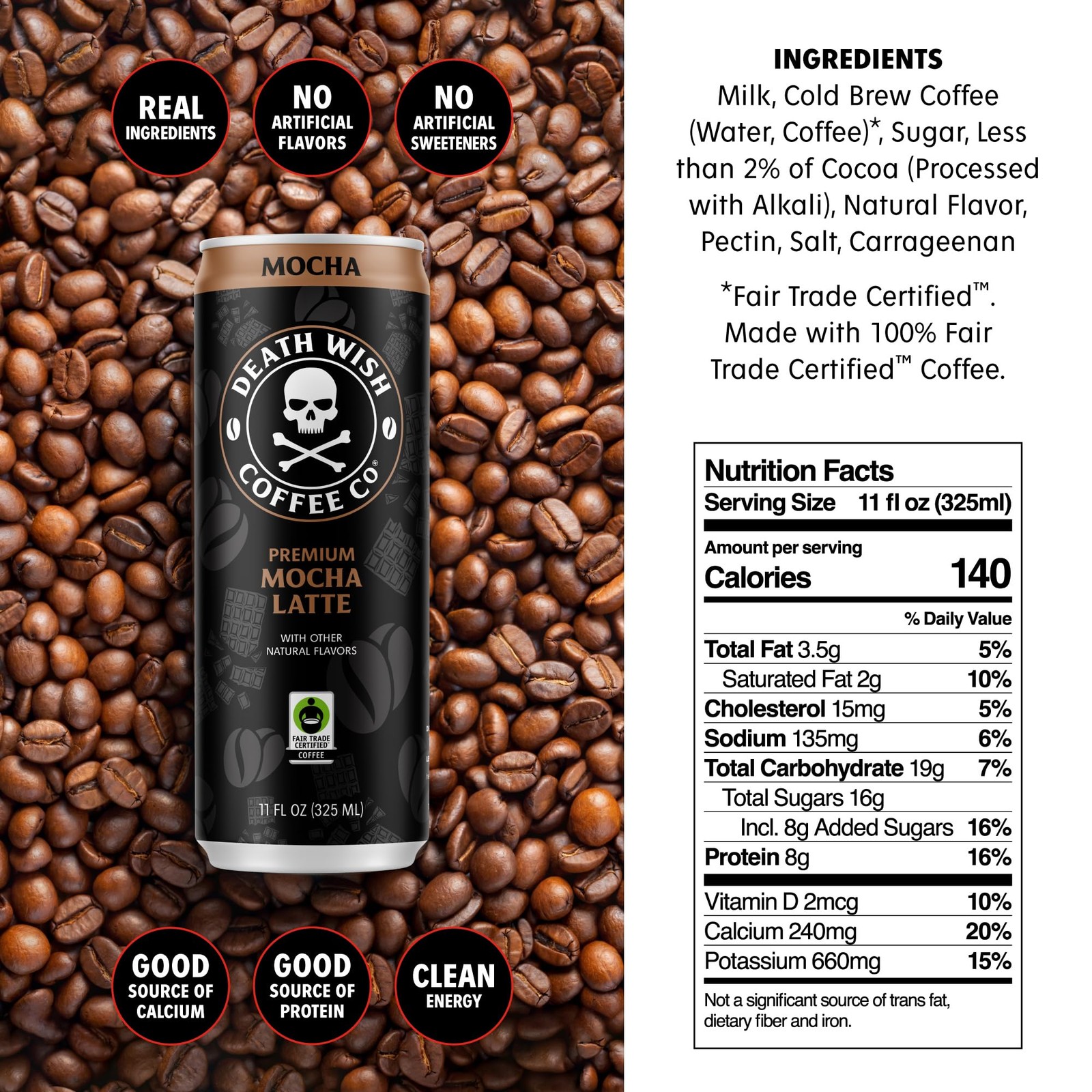 Death Wish Coffee Mocha Cold Brew Latte, Fair Trade, 12 Pack