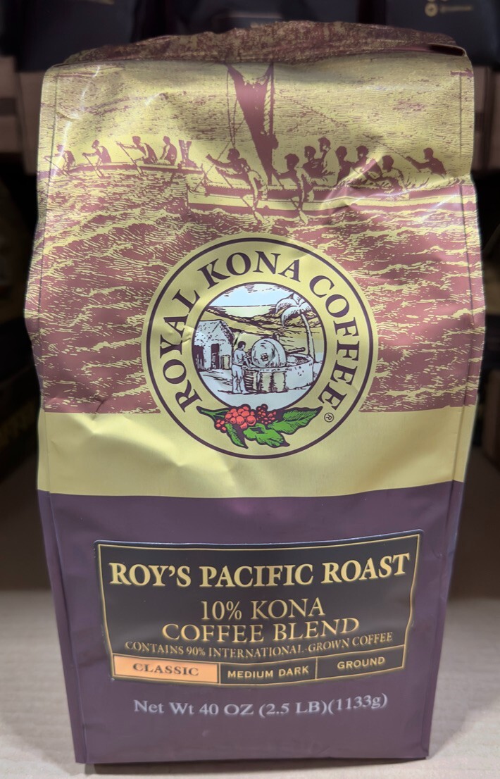 Hawaii ROYAL KONA Coffee ROY’S PACIFIC ROAST 10% KONA COFFEE BLEND GROUND 40oz