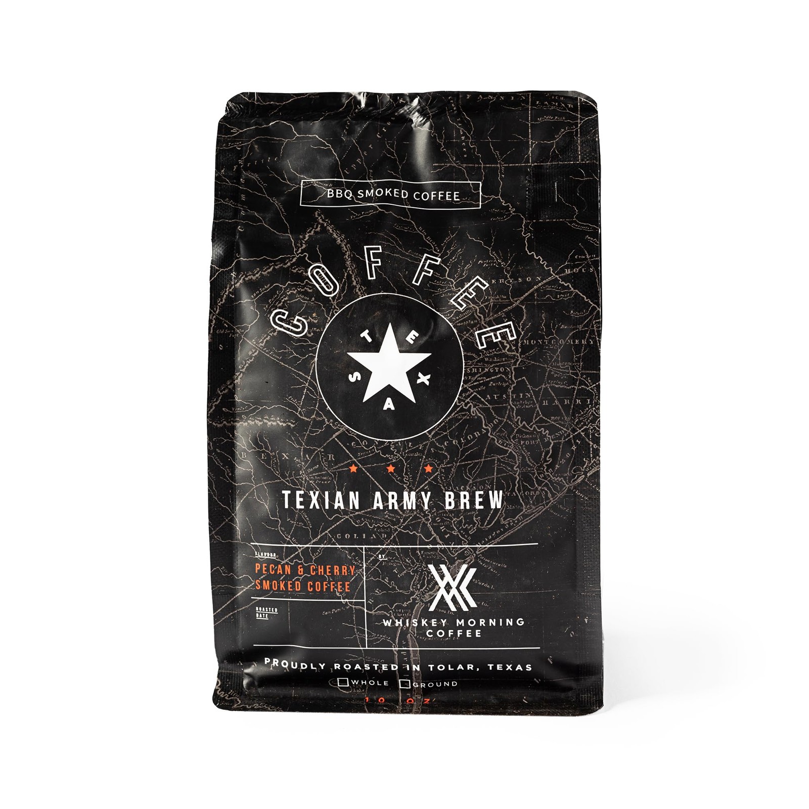 Texian Army Brew, Double Smoked Whole Bean Coffee, Fire Roasted with Pecan Wo…
