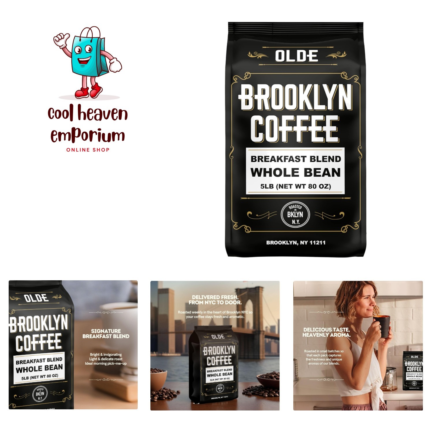 BROOKLYN COFFEE Whole Bean, Breakfast Blend Light Medium Roast 5lb Delicate, …