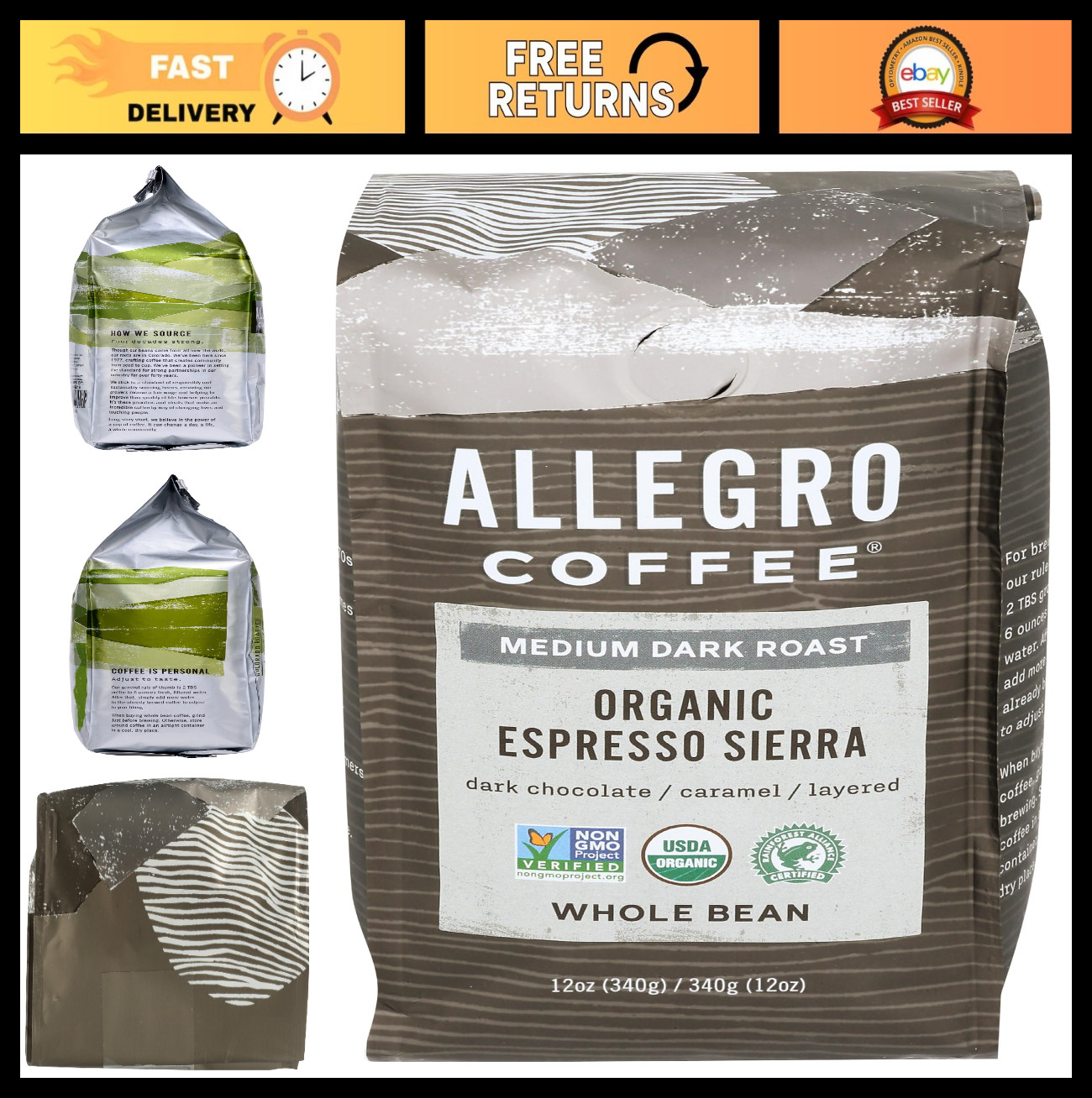Organic Espresso Whole Bean Coffee – 12 oz, Rich Flavor, Freshly Roasted