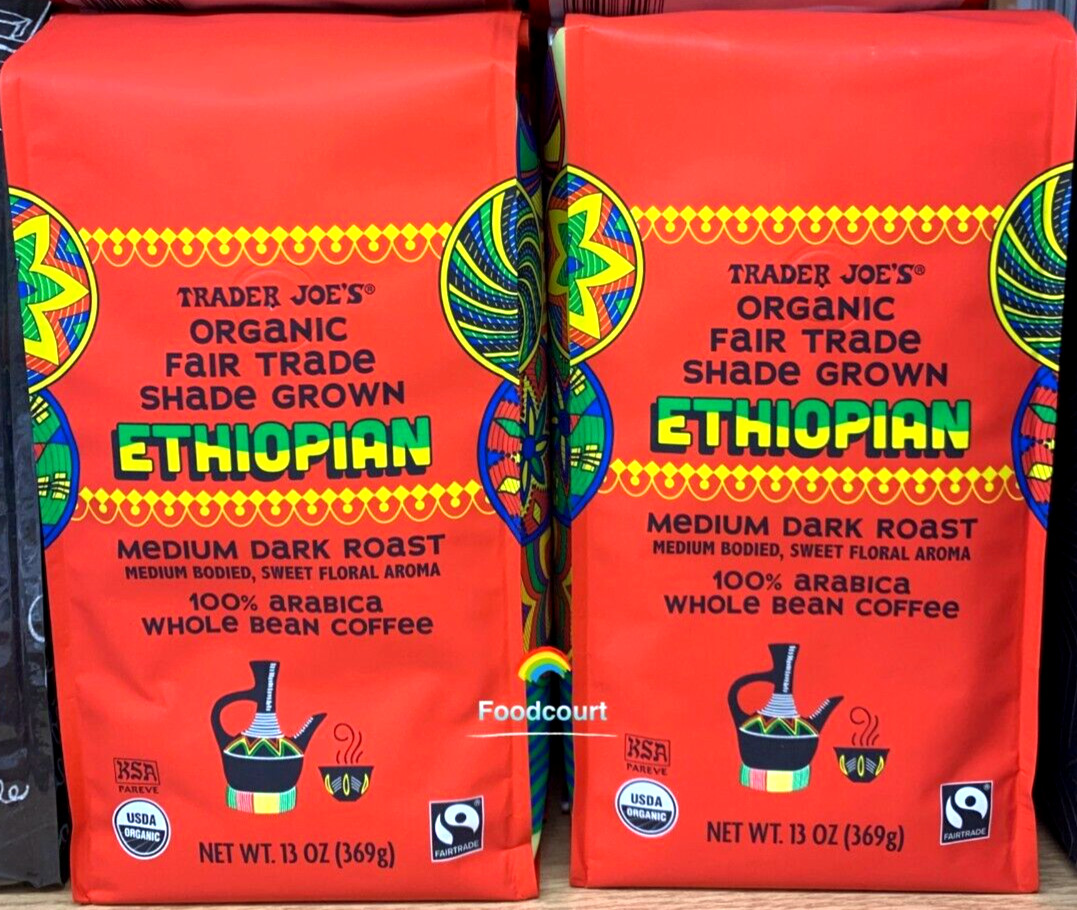 2 Packs Trader Joe’s Organic Fair Trade Shade Grown Ethiopian Coffee 13 oz Each