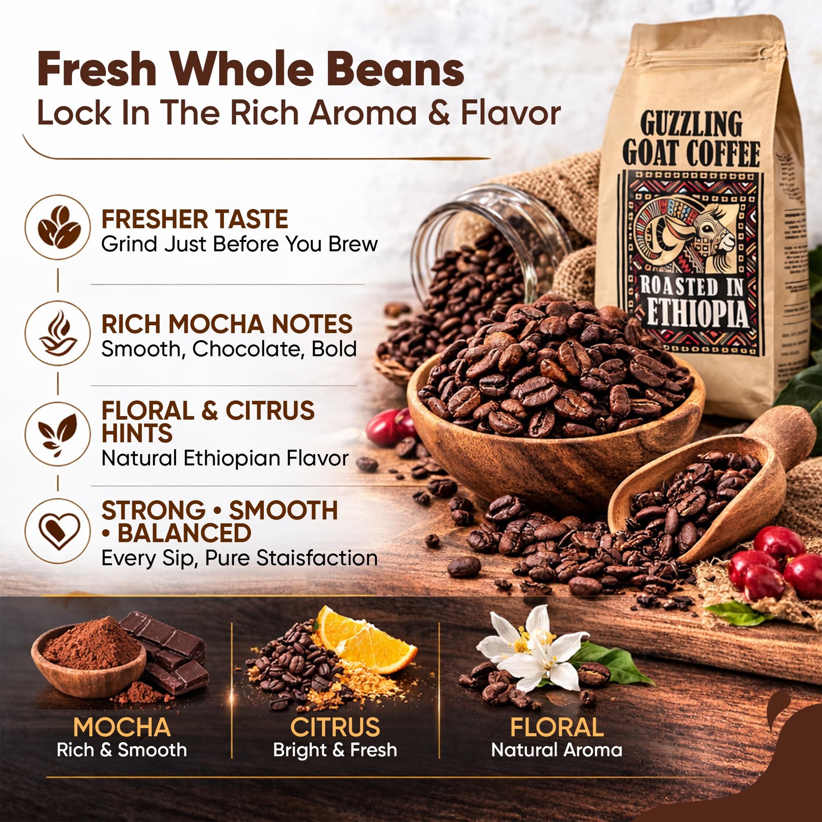 Guzzling Goat Premium Ethiopian Medium Roast Whole Bean Arabica Coffee Beans Box