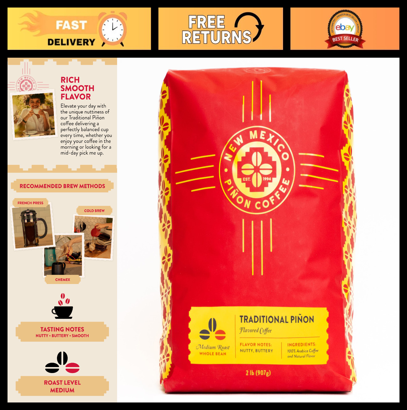 Naturally Flavored Piñon Coffee – 2lb Whole Bean, Smooth & Nutty, 100% Arabica