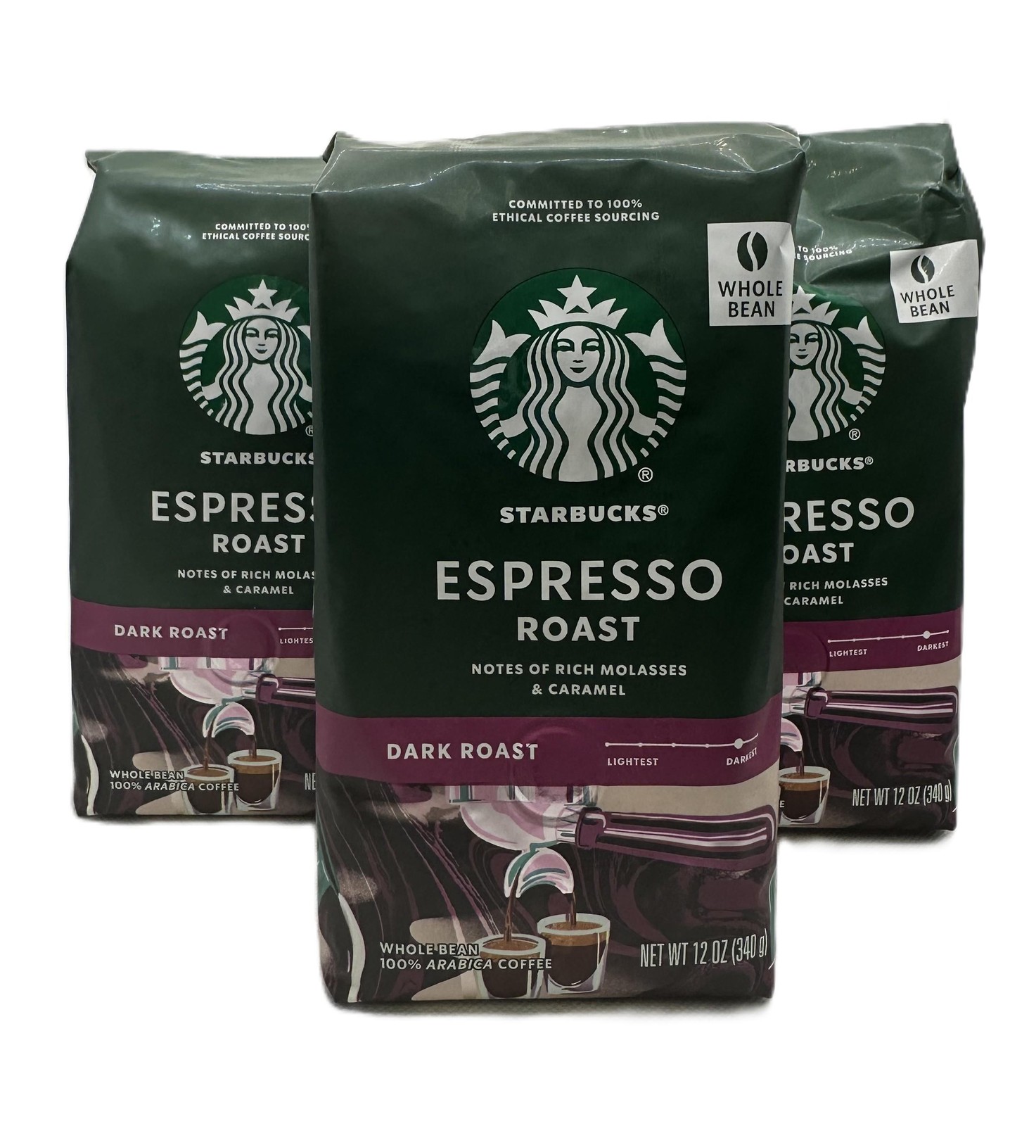 3 Pk Starbucks Dark Espresso Roast Whole Bean Coffee 12 oz SEE DESCRIPTION