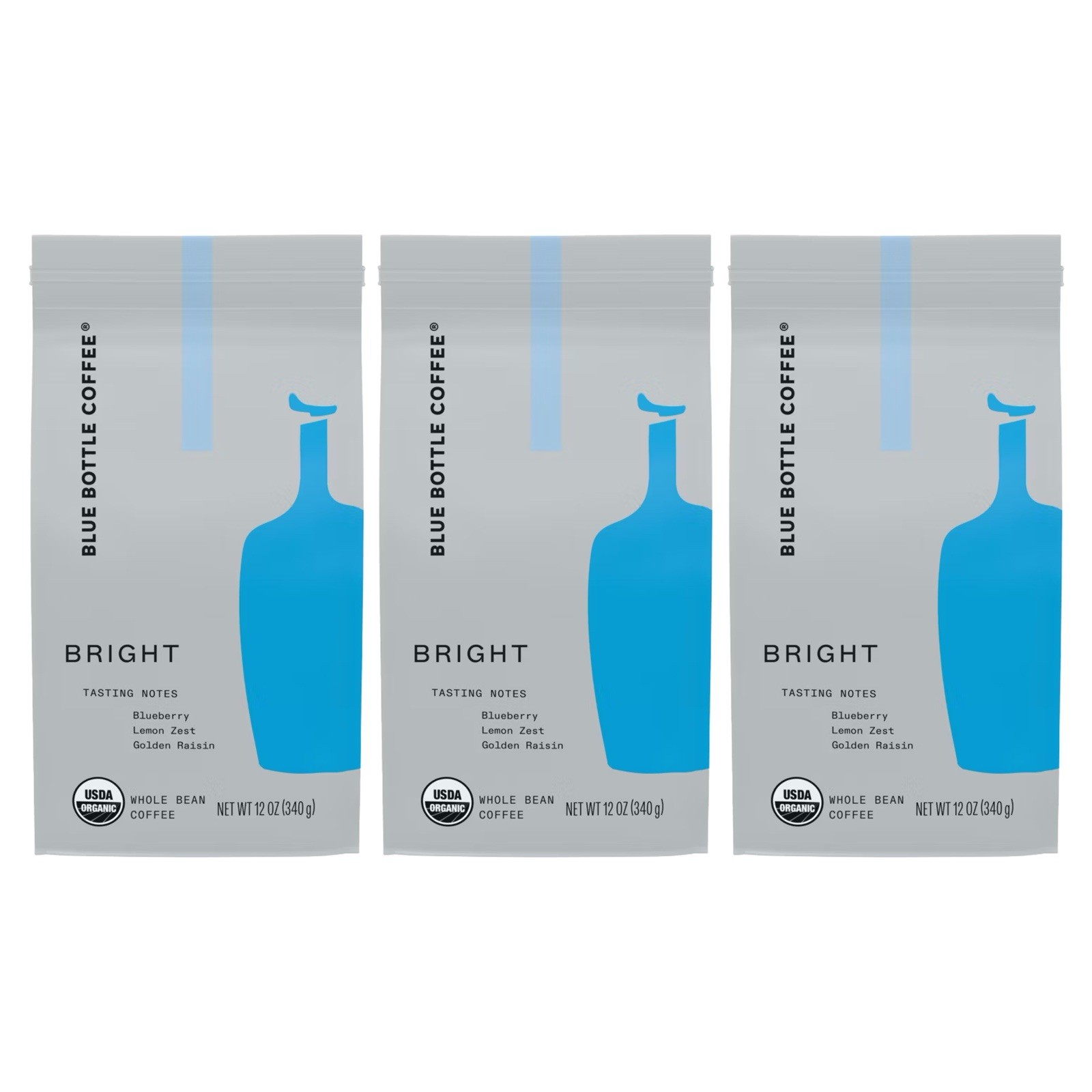 Blue Bottle Whole Bean Organic Coffee BRIGHT, Medium Roast (Set of 3) 12 oz/each