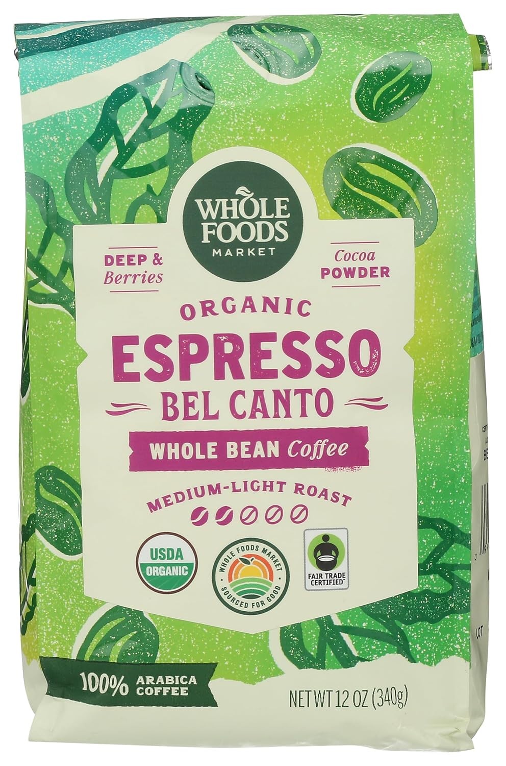 Organic Espresso Bel Canto Whole Bean Coffee Medium-Light Roast Berries & Cocoa