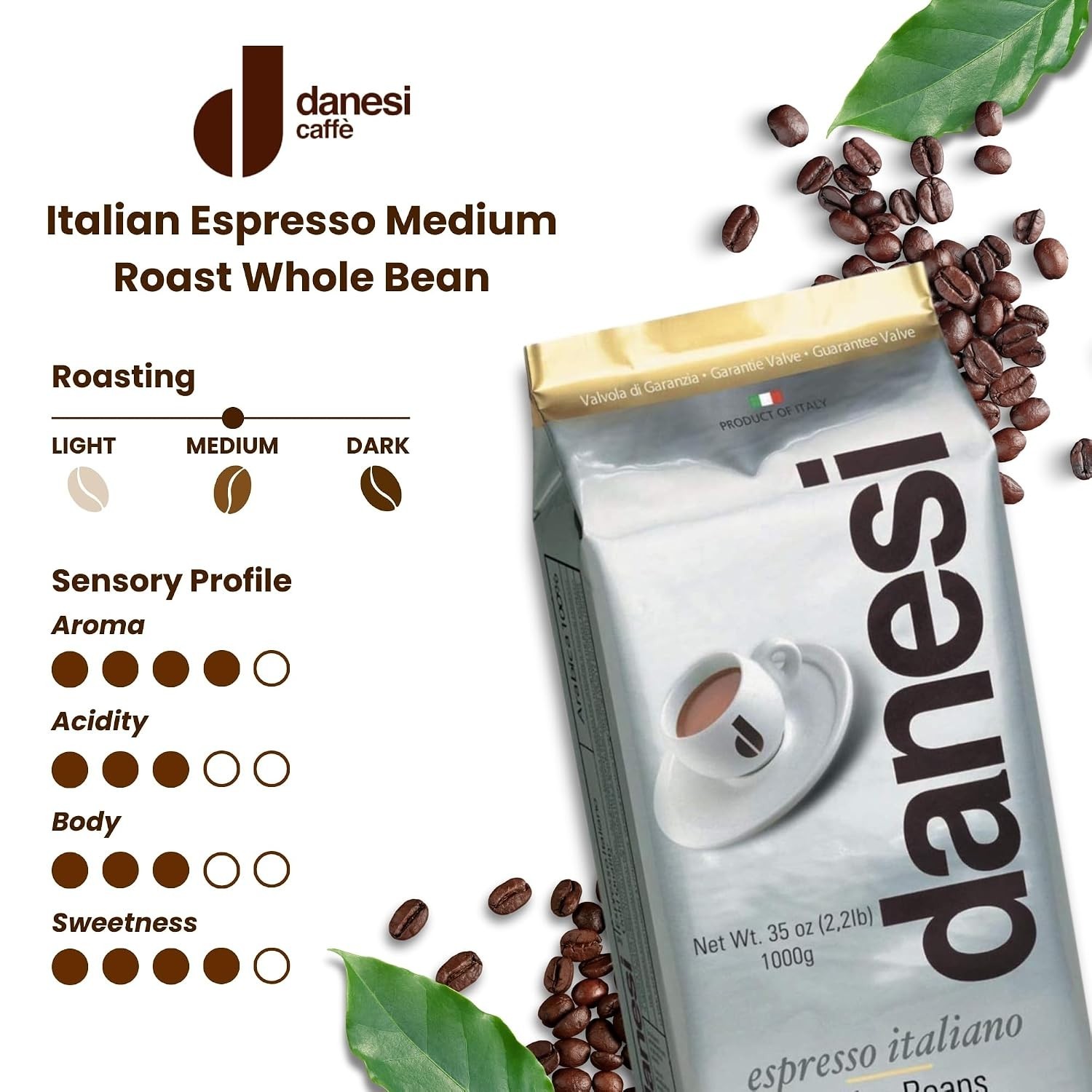 Danesi Gold Espresso Whole Coffee Beans – 2.2 lb Medium Roast with Honey Notes
