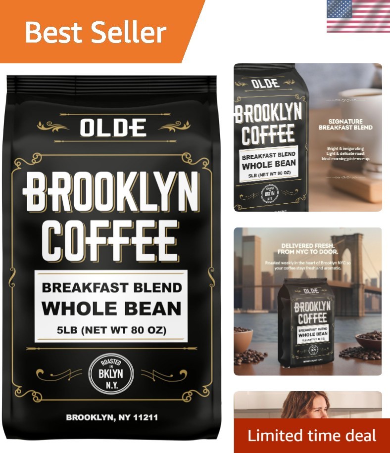 BROOKLYN COFFEE Whole Bean, Breakfast Blend Light Medium Roast 5lb Delicate, …