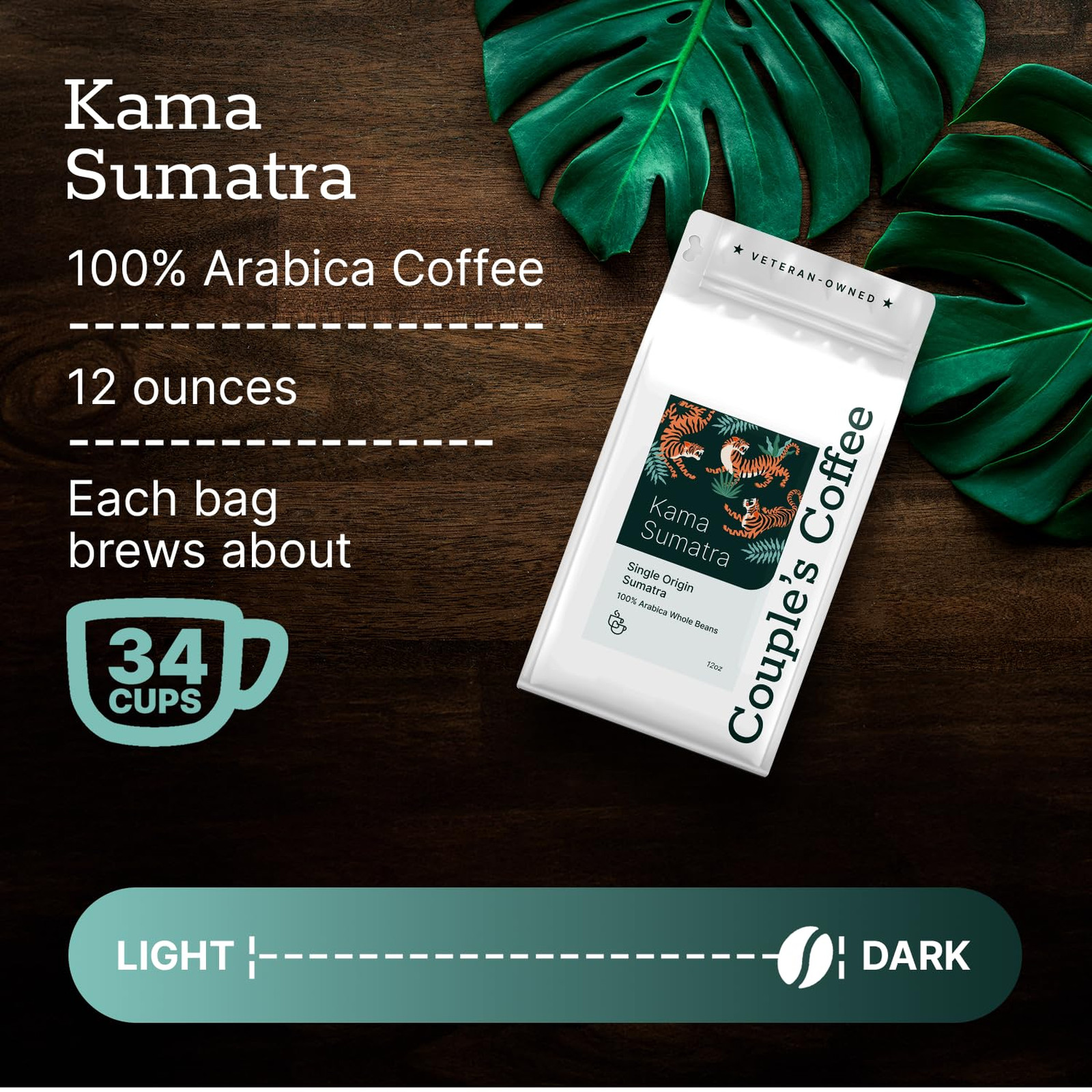 Couples Coffee Sumatra Whole Bean Coffee Dark Roast 12oz Single Origin Arabica